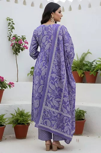 Lavender floral printed cotton kurta set for women