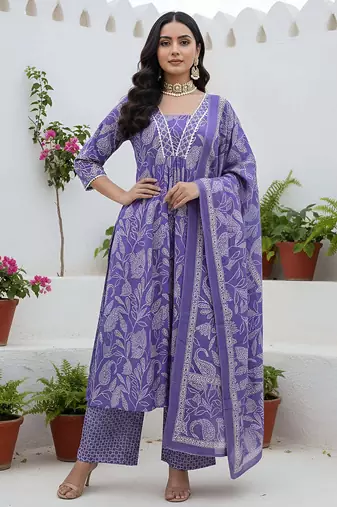 Lavender floral printed cotton kurta set for women