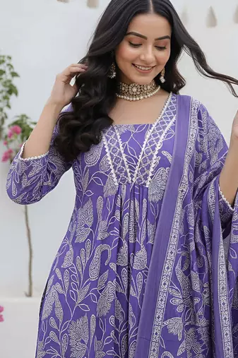 Lavender floral printed cotton kurta set for women
