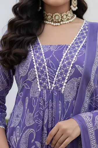Lavender floral printed cotton kurta set for women