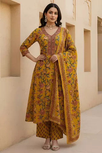 Yellow floral printed pure cotton kurta set for women