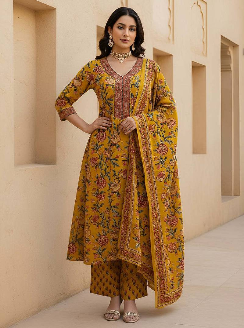 Yellow floral printed pure cotton kurta set for women
