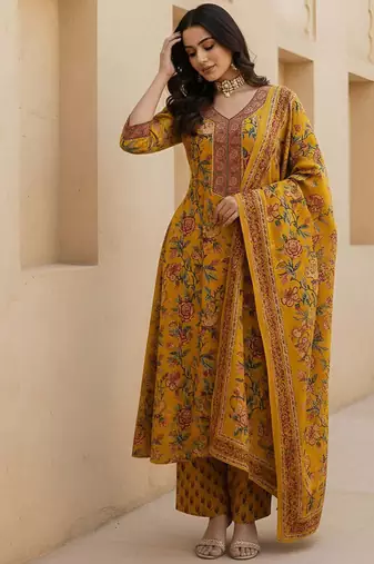 Yellow floral printed pure cotton kurta set for women