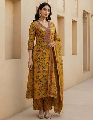 Yellow floral printed pure cotton kurta set for women 4