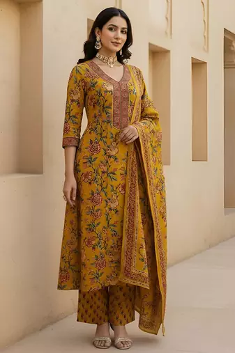 Yellow floral printed pure cotton kurta set for women