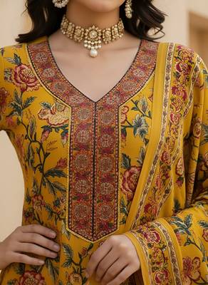 Yellow floral printed pure cotton kurta set for women 5