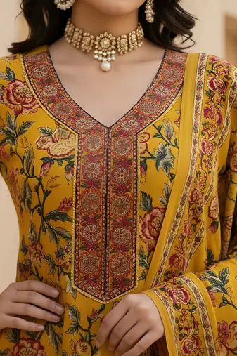 Yellow floral printed pure cotton kurta set for women