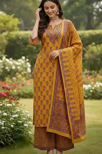 Yellow floral printed cotton kurta set for women