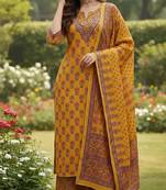 Yellow floral printed pure cotton kurta set for women