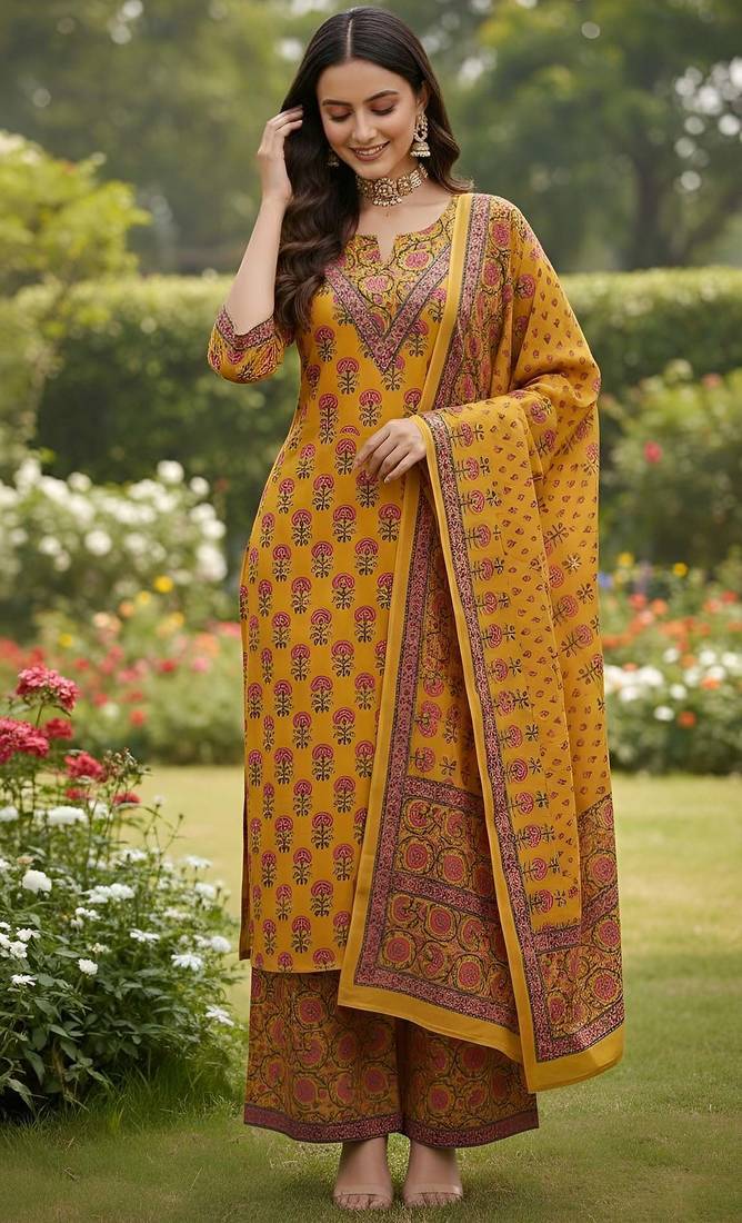 Yellow floral printed pure cotton kurta set for women