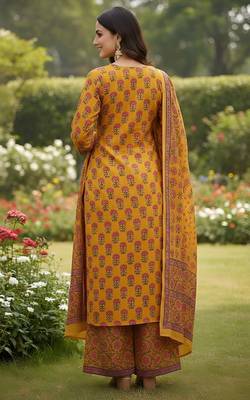 Yellow floral printed pure cotton kurta set for women 2