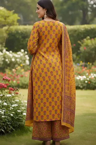 Yellow floral printed cotton kurta set for women