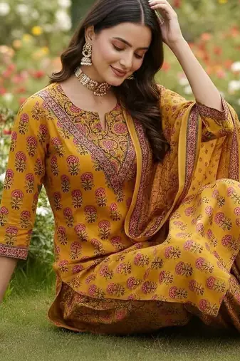 Yellow floral printed cotton kurta set for women
