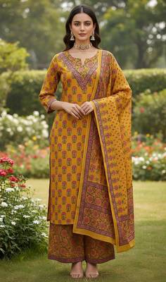 Yellow floral printed pure cotton kurta set for women 4