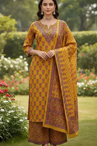 Yellow floral printed cotton kurta set for women