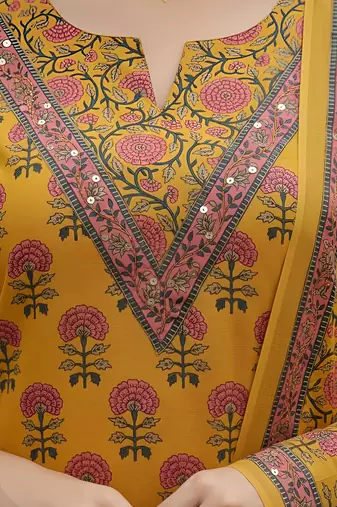 Yellow floral printed cotton kurta set for women
