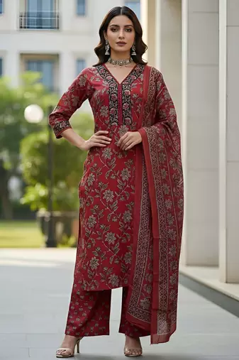 Maroon floral printed cotton kurta set for women