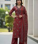 Maroon floral printed pure cotton kurta set for women