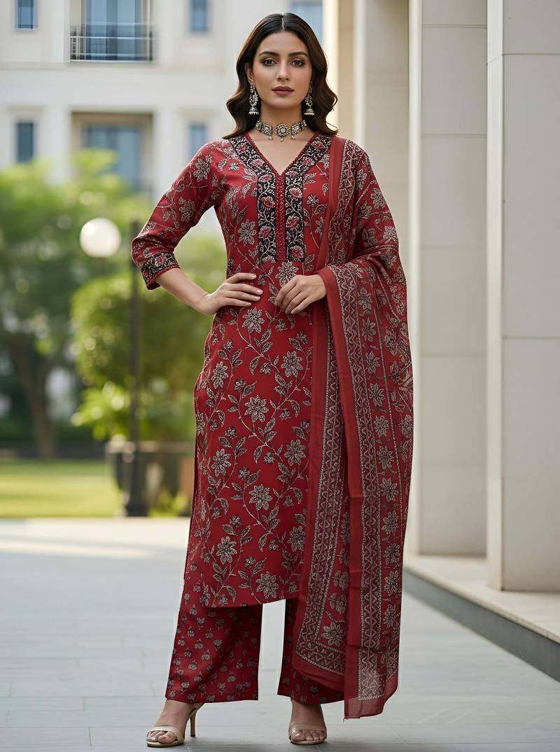 Maroon floral printed pure cotton kurta set for women