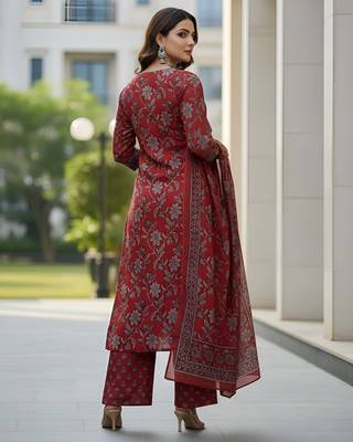 Maroon floral printed pure cotton kurta set for women 2