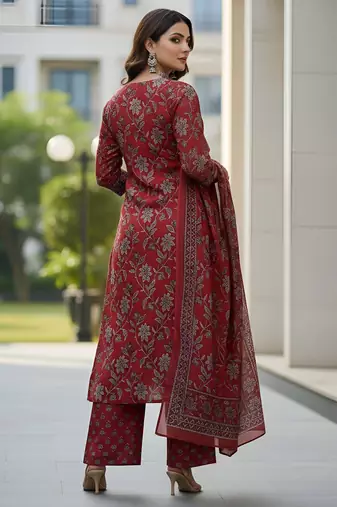 Maroon floral printed cotton kurta set for women