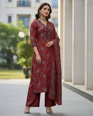 Maroon floral printed pure cotton kurta set for women 3