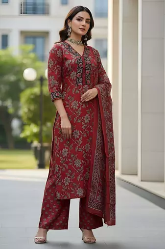 Maroon floral printed cotton kurta set for women