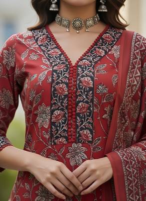 Maroon floral printed pure cotton kurta set for women 4