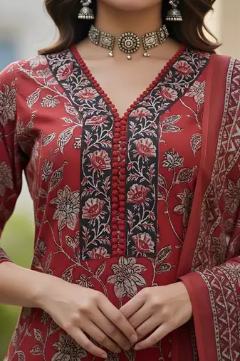 Maroon floral printed cotton kurta set for women