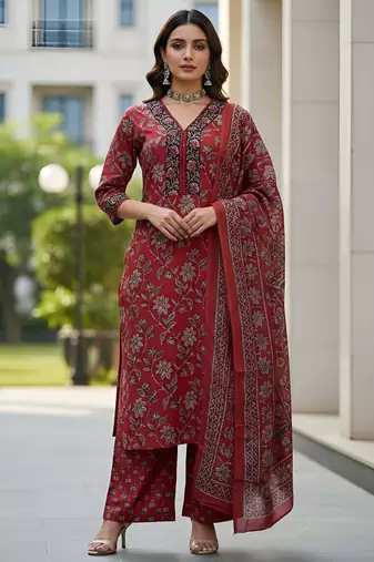 Maroon floral printed cotton kurta set for women