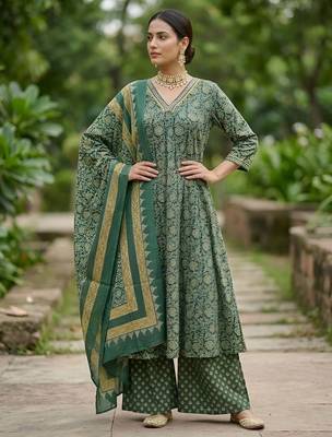 Green floral printed pure cotton kurta set for women 1