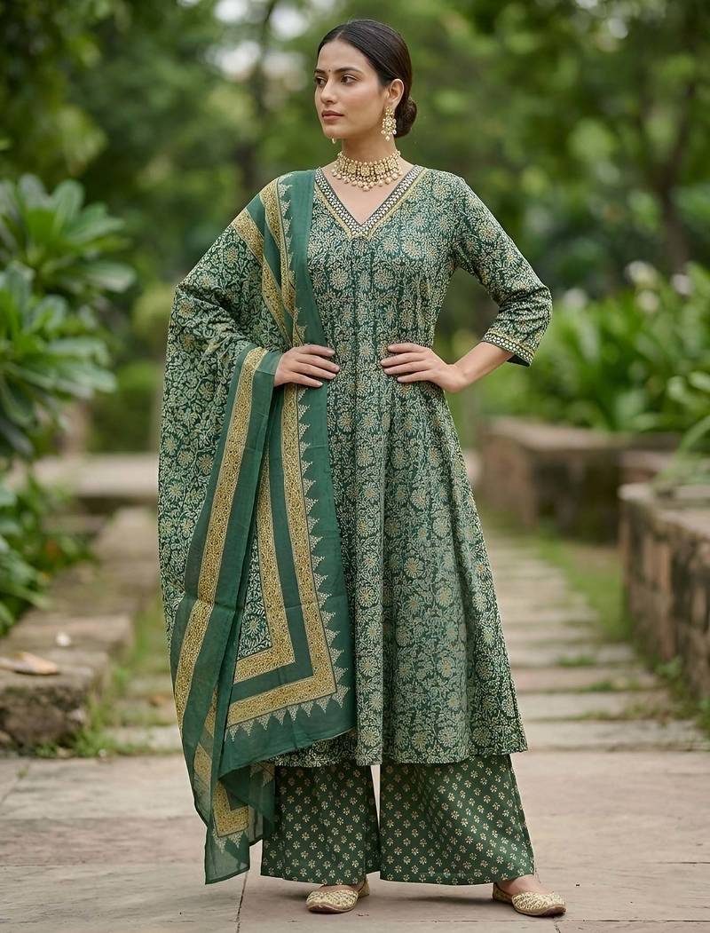 Green floral printed pure cotton kurta set for women