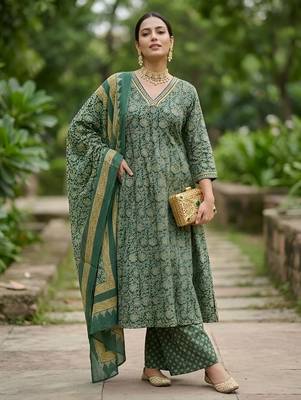 Green floral printed pure cotton kurta set for women 3