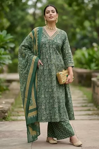 Green floral printed cotton kurta set for women