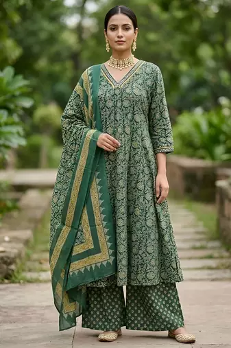 Green floral printed cotton kurta set for women