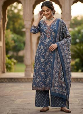 Navy blue floral printed pure cotton kurta set for women 1
