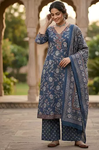 Navy blue floral printed cotton kurta set for women
