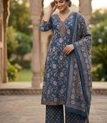 Navy blue floral printed pure cotton kurta set for women