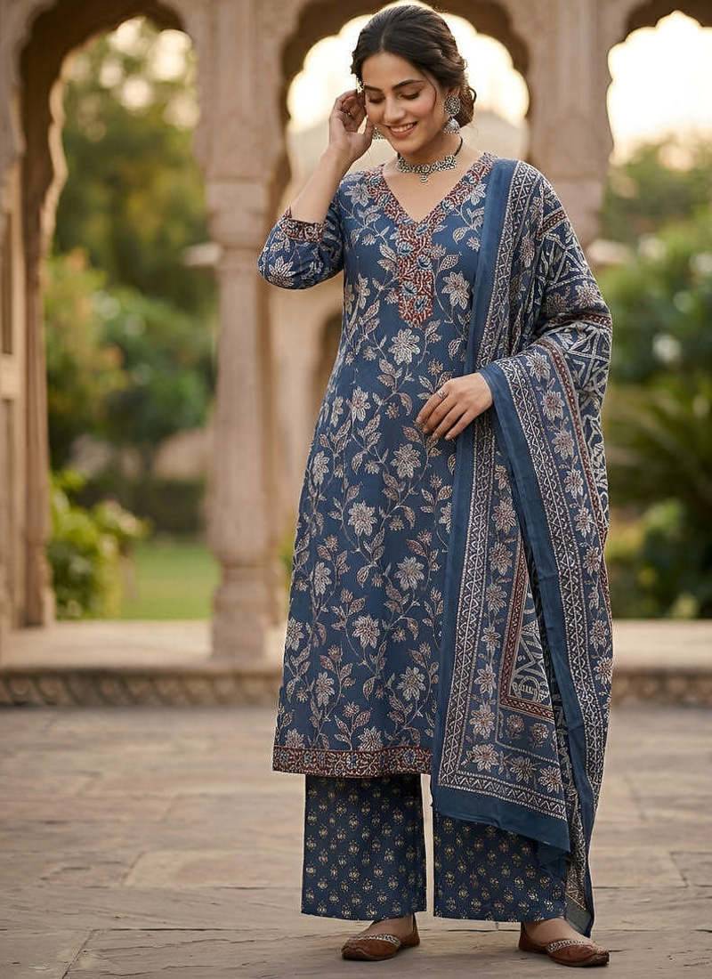 Navy blue floral printed pure cotton kurta set for women