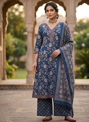 Navy blue floral printed pure cotton kurta set for women 2