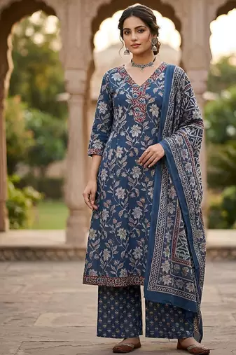 Navy blue floral printed cotton kurta set for women
