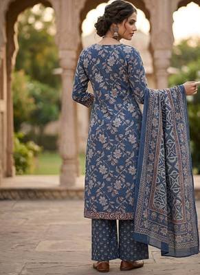 Navy blue floral printed pure cotton kurta set for women 3