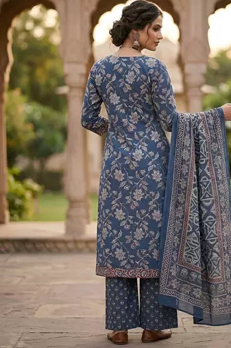 Navy blue floral printed cotton kurta set for women