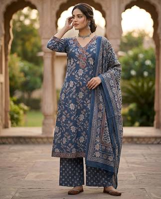 Navy blue floral printed pure cotton kurta set for women 4