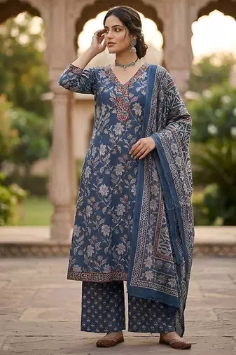 Navy blue floral printed cotton kurta set for women