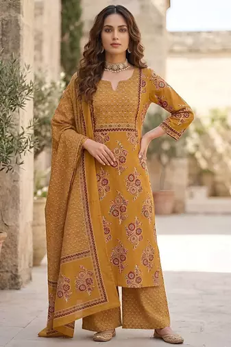 Mustard floral printed cotton kurta set for women