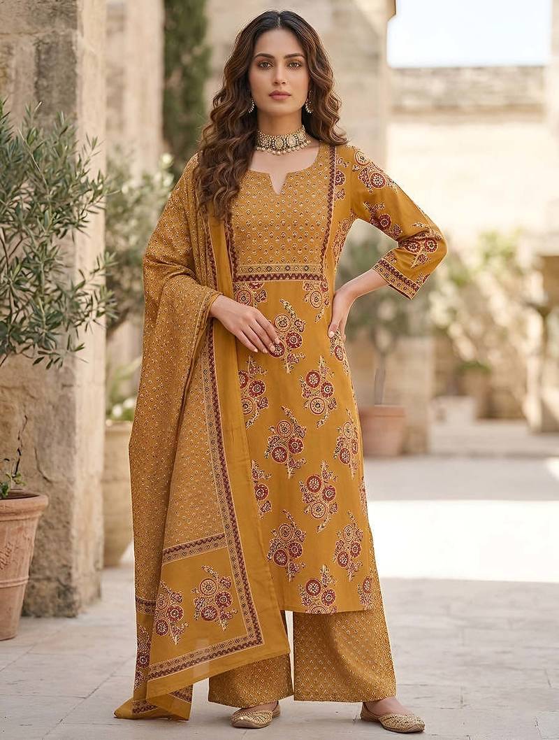Mustard floral printed pure cotton kurta set for women