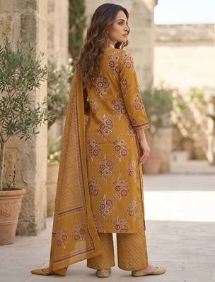 Mustard floral printed pure cotton kurta set for women 2