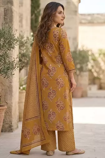 Mustard floral printed cotton kurta set for women
