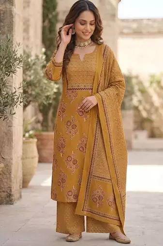 Mustard floral printed cotton kurta set for women